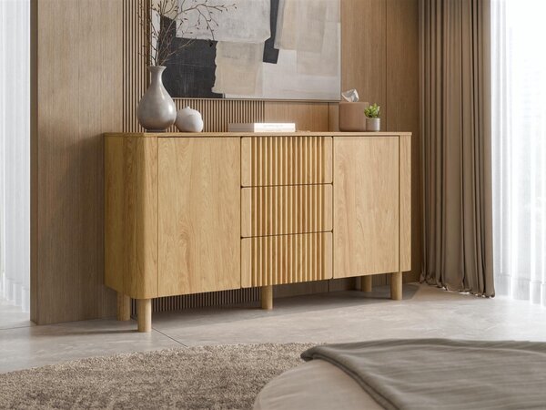 Komód Houston 2168, Közepes sűrűségű farostlemez, Laminált forgácslap, 85x150x40cm, Hickory tölgy, Bükkfa