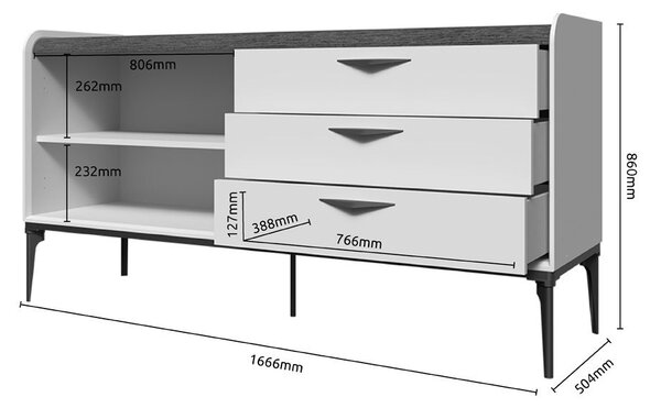 Komód, két ajtóval és három fiókkal, fehér matt, 167 cm - PICADILLY
