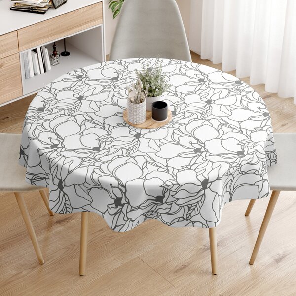 Goldea pamut asztalterítő - sötétszürke virágok fehér alapon - kör alakú Ø 140 cm
