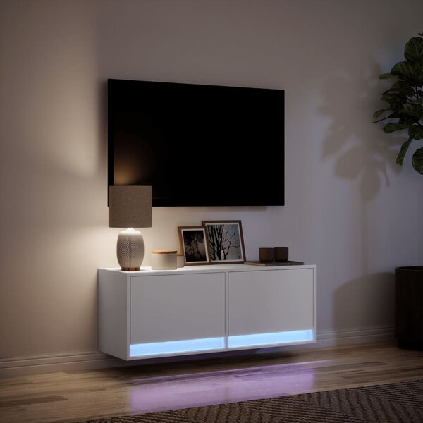 Fehér falra szerelhető TV-szekrény LED-lámpákkal 100x31x35 cm