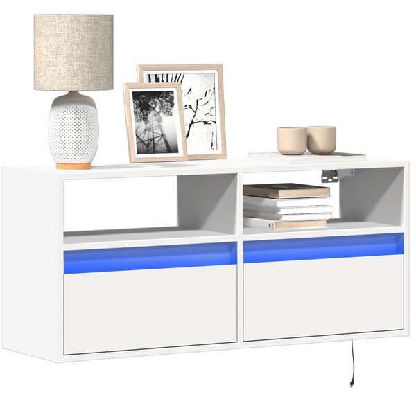 Fehér falra szerelhető TV-szekrény LED-lámpákkal 100x31x45 cm