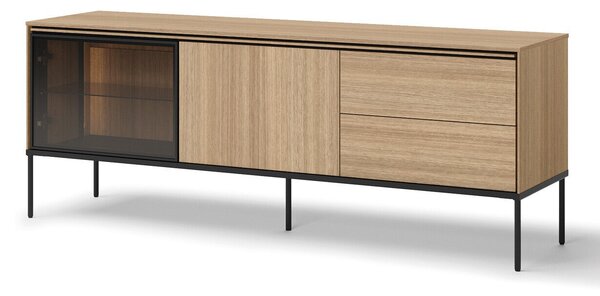 TV-állvány Evaliri 106, Edzett üveg, Laminált forgácslap, 62x166x41cm, Tölgy, Fekete