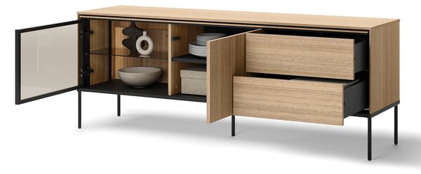 TV-állvány Evaliri 106, Edzett üveg, Laminált forgácslap, 62x166x41cm, Tölgy, Fekete