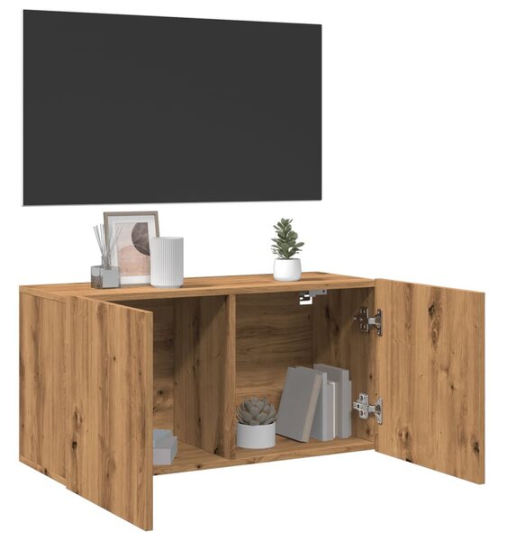 Kézműves tölgy színű falra szerelhető TV-szekrény 80x30x41 cm