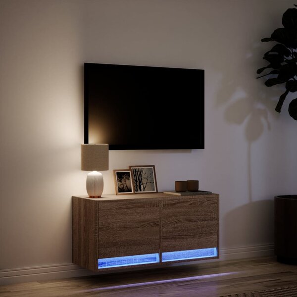 Barna tölgyszínű fali TV-szekrény LED-del 80x31x35 cm