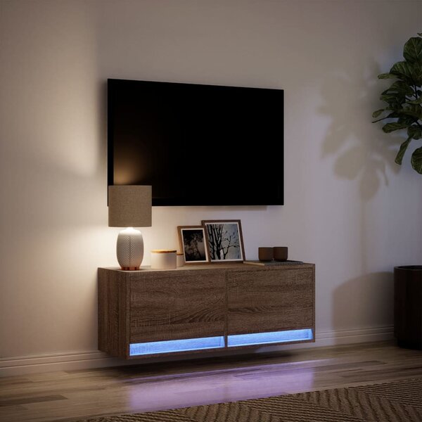 Barna tölgyszínű fali TV-szekrény LED-del 100x31x35 cm