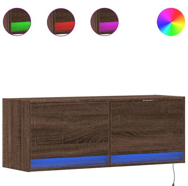 Barna tölgyszínű fali TV-szekrény LED-del 100x31x35 cm
