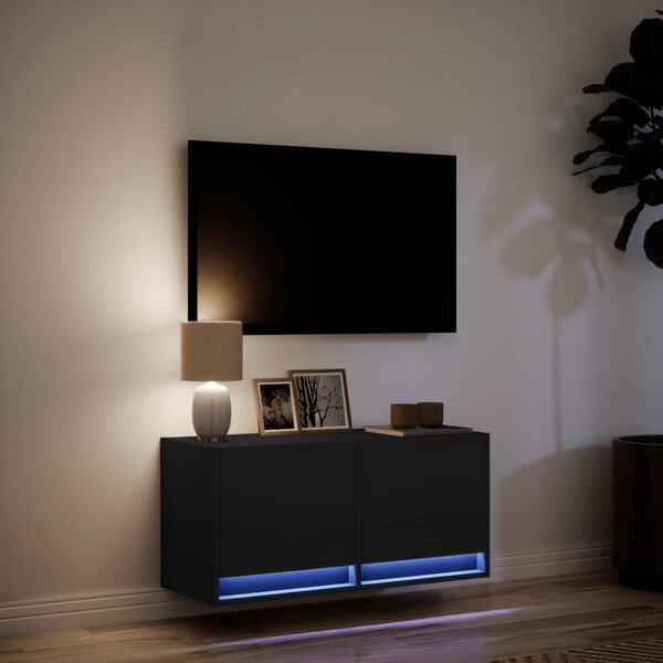 Fekete fali TV-szekrény LED-világítással 80x31x35 cm