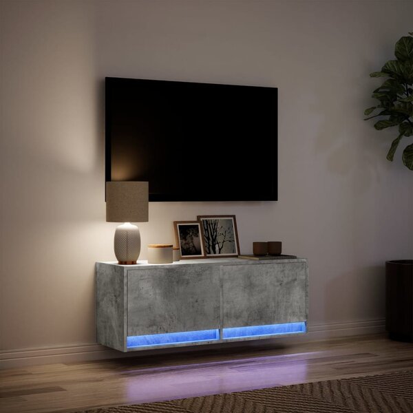 Betonszürke falra szerelhető TV-szekrény LED-del 100x31x35 cm