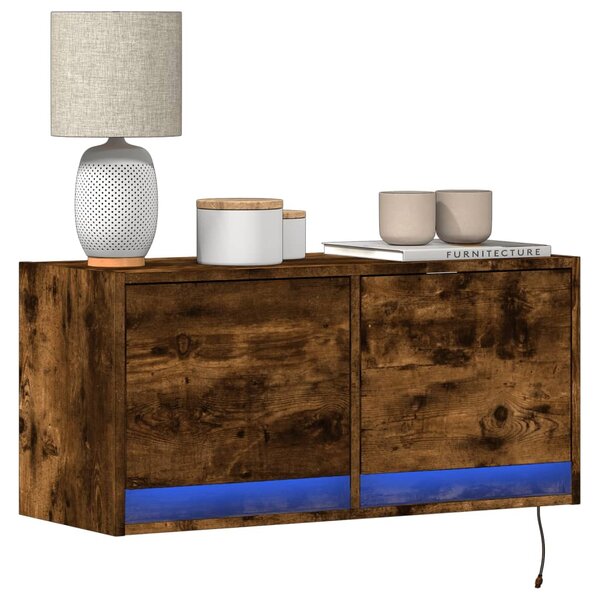 Füstös tölgy színű fali TV-szekrény LED-ekkel 80x31x35 cm