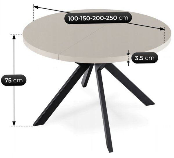 JAKS Kasmírszínű bővíthető kerek étkezőasztal fekete lábazattal 100–250 cm LUKAS
