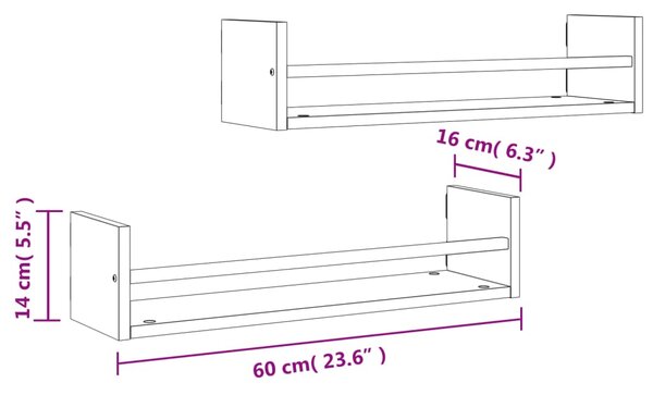 2 db sonoma tölgy fali polc rúddal 60 x 16 x 14 cm (835435)
