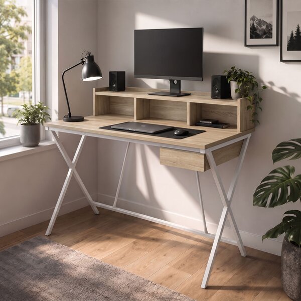 AKORD Furniture Factory FLEXO Ipari Számítógépasztal Sonoma Tölgy Fehér Lábakkal