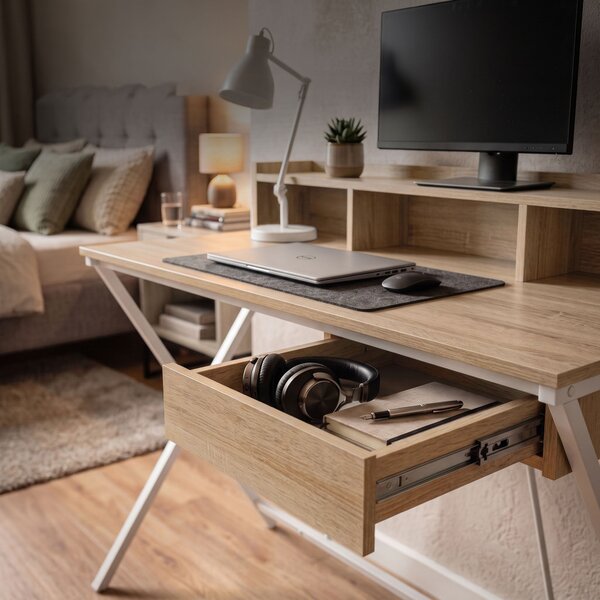 AKORD Furniture Factory FLEXO Ipari Számítógépasztal Sonoma Tölgy Fehér Lábakkal