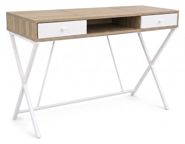 AKORD Furniture Factory Crossline Ipari Számítógépasztal Sonoma Tölgy Fehér Lábakkal 2 Fiókkal és 1 Polccal