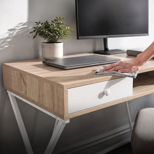 AKORD Furniture Factory Crossline Ipari Számítógépasztal Sonoma Tölgy Fehér Lábakkal 2 Fiókkal és 1 Polccal
