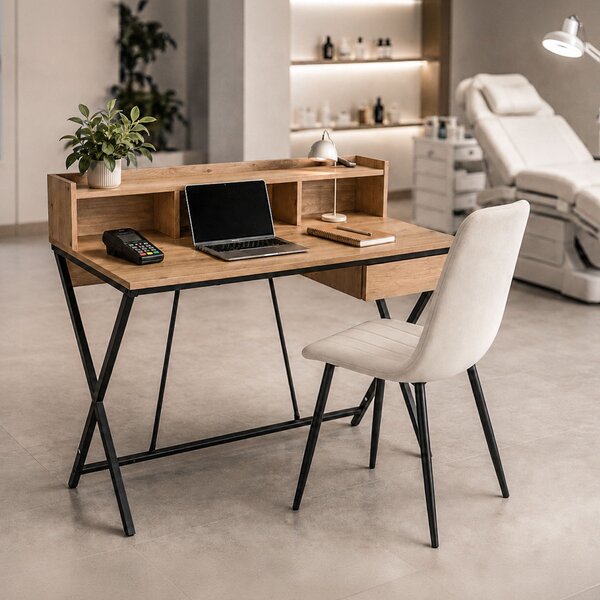 AKORD Furniture Factory FLEXO Ipari Számítógépasztal Artisan Tölgy Fekete Lábakkal, Fiókkal és Polccal