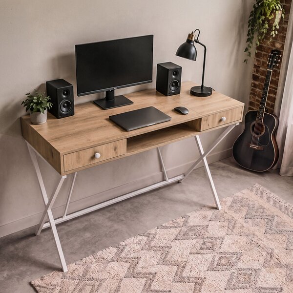 AKORD Furniture Factory Crossline Ipari Számítógépes Íróasztal Artisan Tölgy Fehér Lábakkal 2 Fiókkal