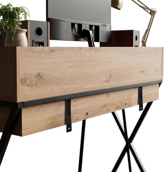 AKORD Furniture Factory FLEXO Ipari Számítógépasztal Artisan Tölgy Fekete Lábakkal, Fiókkal és Polccal