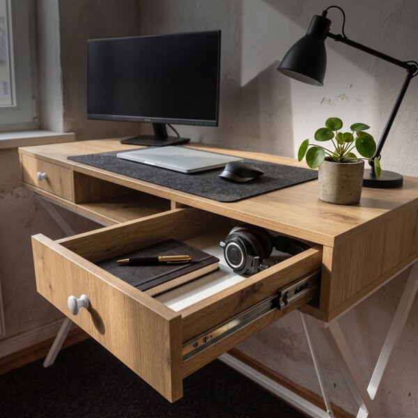 AKORD Furniture Factory Crossline Ipari Számítógépes Íróasztal Artisan Tölgy Fehér Lábakkal 2 Fiókkal