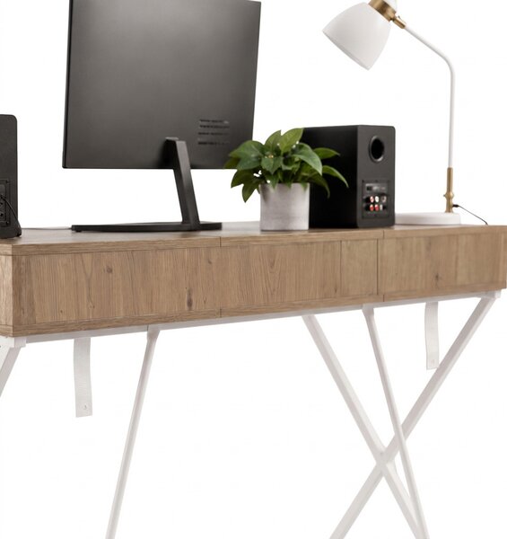 AKORD Furniture Factory Crossline Ipari Számítógépes Íróasztal Artisan Tölgy Fehér Lábakkal 2 Fiókkal