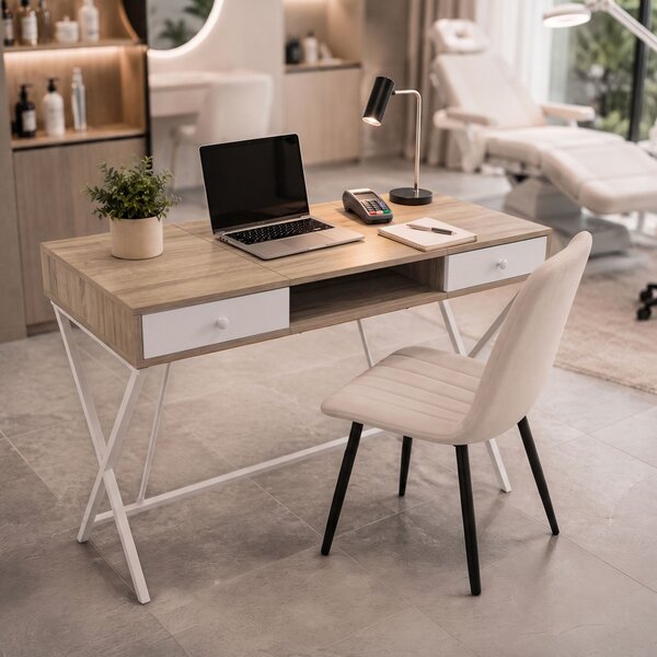 AKORD Furniture Factory Crossline Ipari Számítógépasztal Sonoma Tölgy Fehér Lábakkal 2 Fiókkal és 1 Polccal