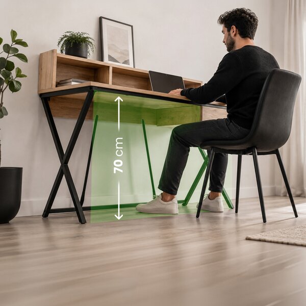 AKORD Furniture Factory FLEXO Ipari Számítógépasztal Artisan Tölgy Fekete Lábakkal, Fiókkal és Polccal