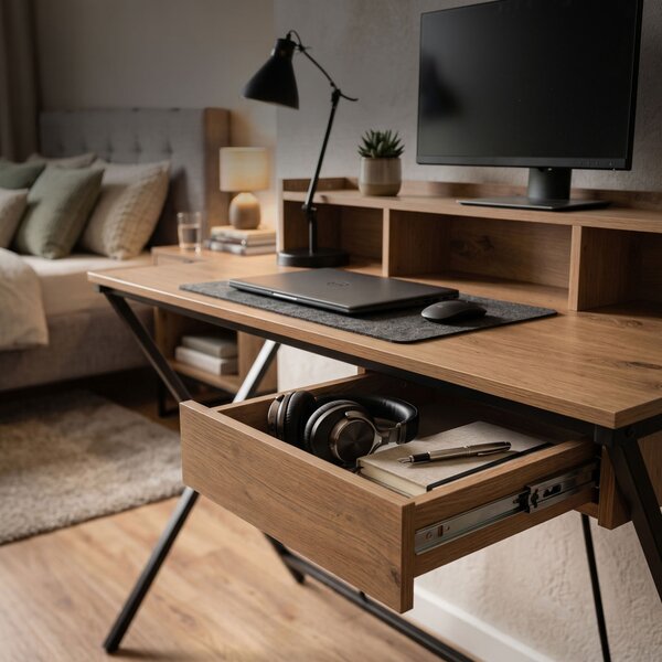 AKORD Furniture Factory FLEXO Ipari Számítógépasztal Artisan Tölgy Fekete Lábakkal, Fiókkal és Polccal