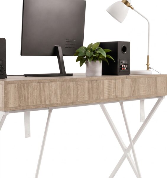 AKORD Furniture Factory Crossline Ipari Számítógépasztal Sonoma Tölgy Fehér Lábakkal 2 Fiókkal és 1 Polccal
