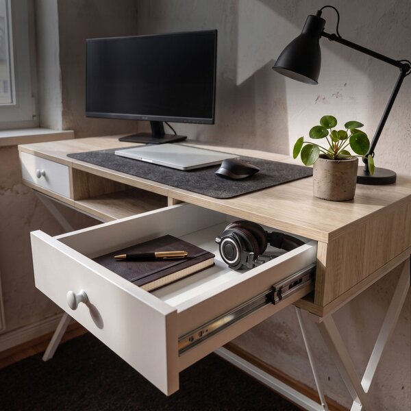 AKORD Furniture Factory Crossline Ipari Számítógépasztal Sonoma Tölgy Fehér Lábakkal 2 Fiókkal és 1 Polccal