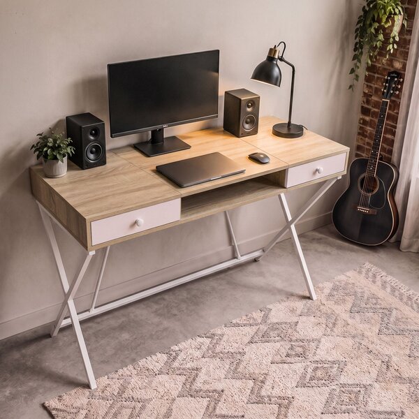 AKORD Furniture Factory Crossline Ipari Számítógépasztal Sonoma Tölgy Fehér Lábakkal 2 Fiókkal és 1 Polccal