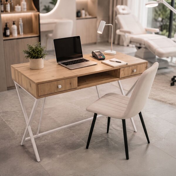 AKORD Furniture Factory Crossline Ipari Számítógépes Íróasztal Artisan Tölgy Fehér Lábakkal 2 Fiókkal