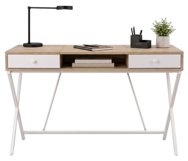 AKORD Furniture Factory Crossline Ipari Számítógépasztal Sonoma Tölgy Fehér Lábakkal 2 Fiókkal és 1 Polccal