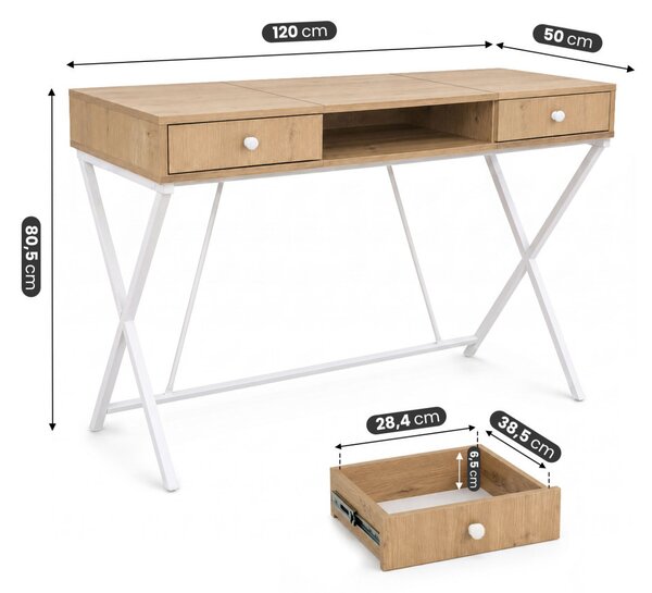 AKORD Furniture Factory Crossline Ipari Számítógépes Íróasztal Artisan Tölgy Fehér Lábakkal 2 Fiókkal