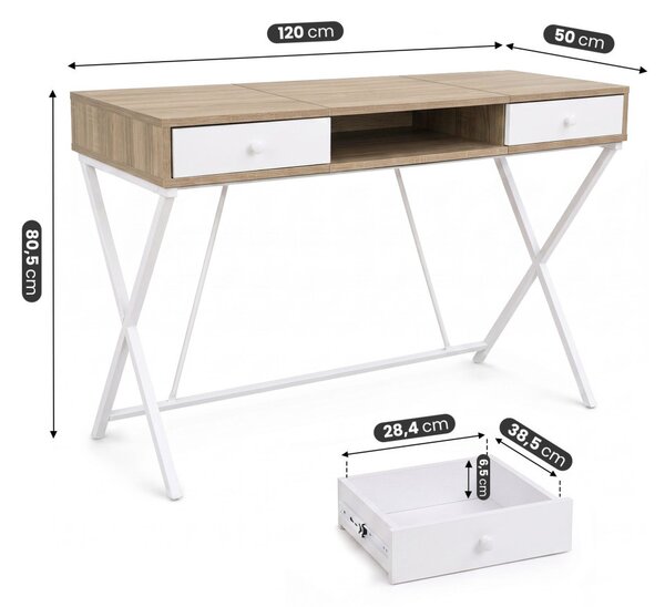 AKORD Furniture Factory Crossline Ipari Számítógépasztal Sonoma Tölgy Fehér Lábakkal 2 Fiókkal és 1 Polccal