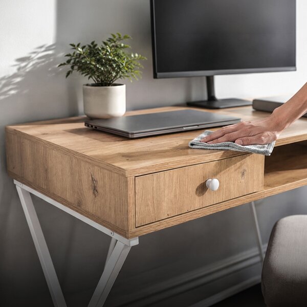 AKORD Furniture Factory Crossline Ipari Számítógépes Íróasztal Artisan Tölgy Fehér Lábakkal 2 Fiókkal