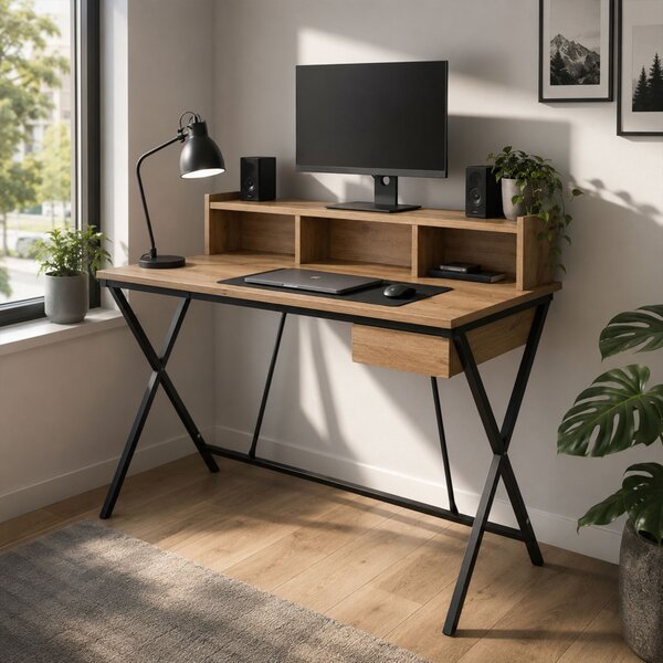 AKORD Furniture Factory FLEXO Ipari Számítógépasztal Artisan Tölgy Fekete Lábakkal, Fiókkal és Polccal