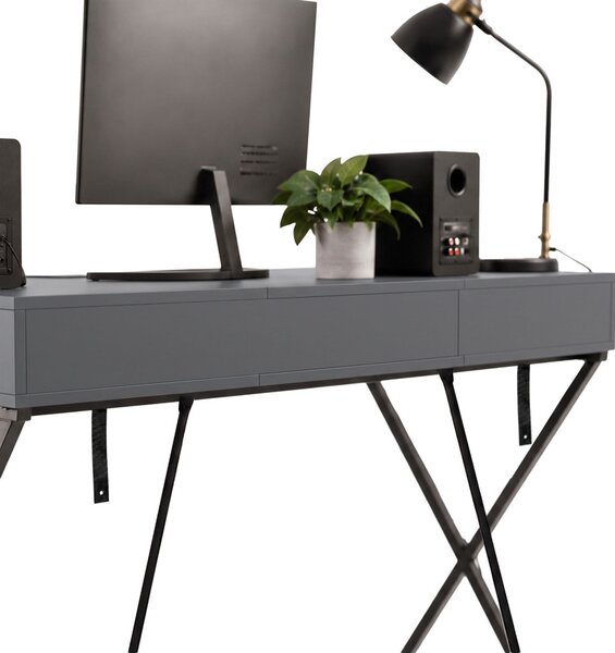 AKORD Furniture Factory Crossline Ipari Számítógépasztal Grafit 120 cm 2 Fiókkal és 1 Polccal Fekete Lábakkal