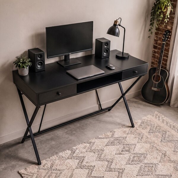 AKORD Furniture Factory Crossline Ipari Számítógépasztal Fekete 2 Fiókkal és 1 Polccal