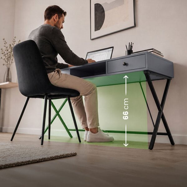 AKORD Furniture Factory Crossline Ipari Számítógépasztal Grafit 120 cm 2 Fiókkal és 1 Polccal Fekete Lábakkal
