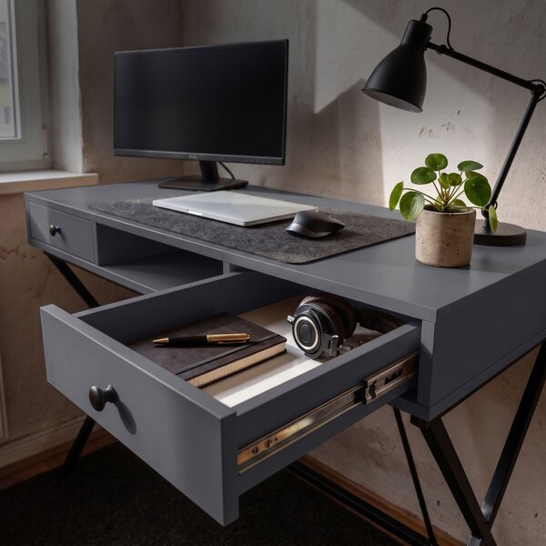 AKORD Furniture Factory Crossline Ipari Számítógépasztal Grafit 120 cm 2 Fiókkal és 1 Polccal Fekete Lábakkal