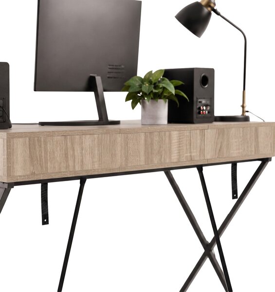AKORD Furniture Factory CROSSLINE Ipari Számítógépasztal Sonoma Tölgy Fekete Lábakkal 2 Fiókkal
