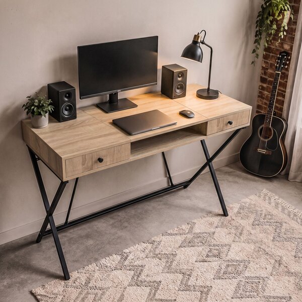 AKORD Furniture Factory CROSSLINE Ipari Számítógépasztal Sonoma Tölgy Fekete Lábakkal 2 Fiókkal