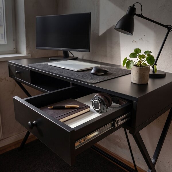 AKORD Furniture Factory Crossline Ipari Számítógépasztal Fekete 2 Fiókkal és 1 Polccal