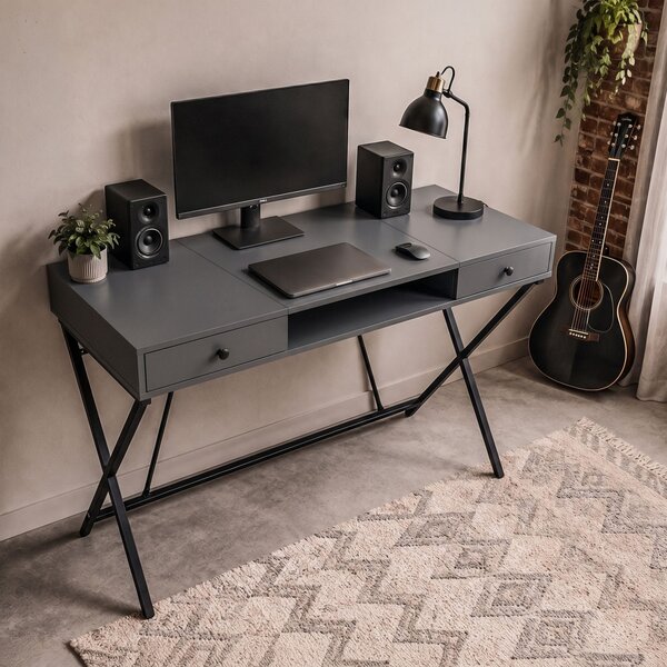 AKORD Furniture Factory Crossline Ipari Számítógépasztal Grafit 120 cm 2 Fiókkal és 1 Polccal Fekete Lábakkal