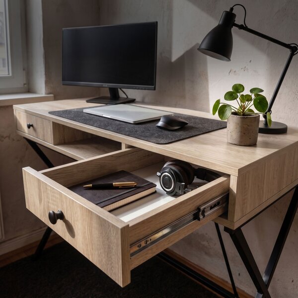 AKORD Furniture Factory CROSSLINE Ipari Számítógépasztal Sonoma Tölgy Fekete Lábakkal 2 Fiókkal