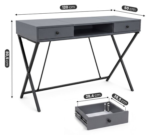 AKORD Furniture Factory Crossline Ipari Számítógépasztal Grafit 120 cm 2 Fiókkal és 1 Polccal Fekete Lábakkal