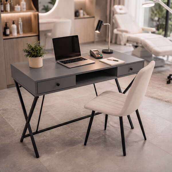 AKORD Furniture Factory Crossline Ipari Számítógépasztal Grafit 120 cm 2 Fiókkal és 1 Polccal Fekete Lábakkal