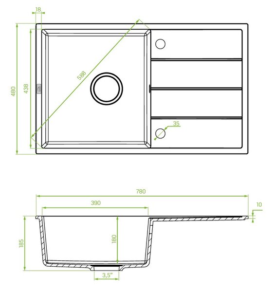 Laveo Wolin, 1 rekeszes gránit mosogató 780x480x185 mm, szürke, LAV-SPW_511T