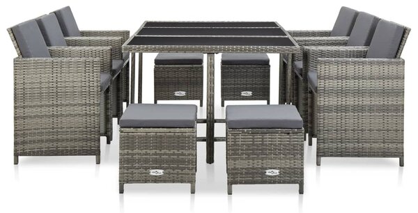 11 részes szürke polyrattan kültéri étkezőszett párnákkal